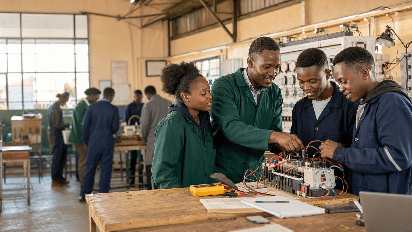 Students and an instructor training in a technical workshop